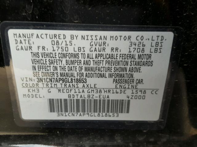 3N1CN7AP9GL818653 - 2016 NISSAN VERSA S BLACK photo 10