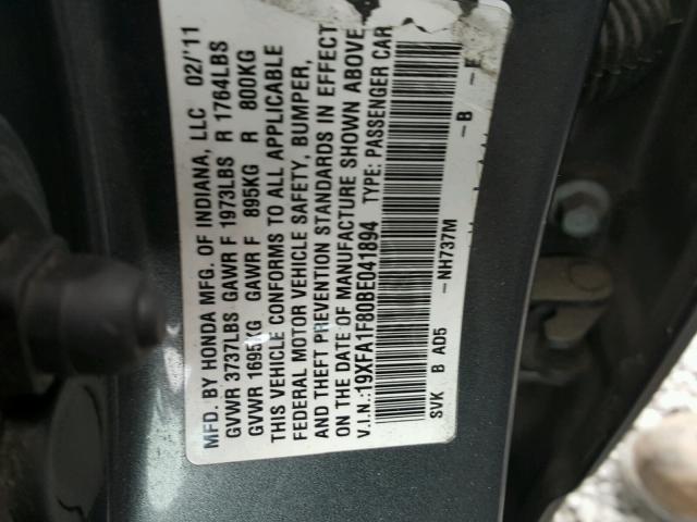 19XFA1F80BE041894 - 2011 HONDA CIVIC EX ნაცრისფერი ფოტო 10