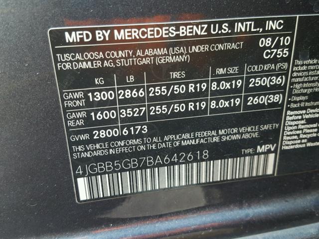 4JGBB5GB7BA642618 - 2011 MERCEDES-BENZ ML 350 GRAY photo 10