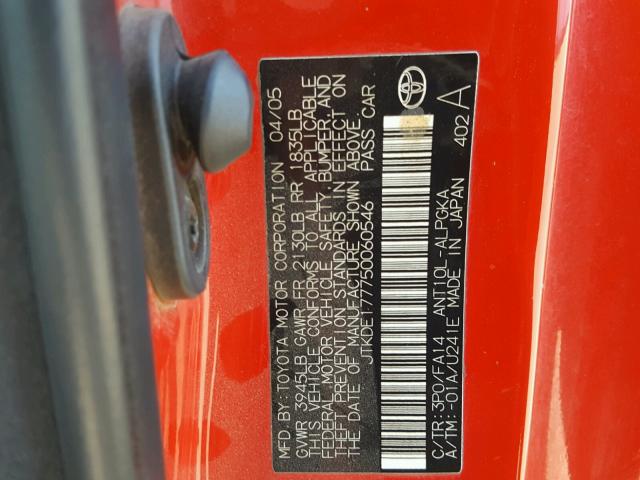 JTKDE177750060546 - 2005 TOYOTA SCION TC RED photo 10