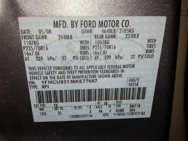 1FMCU93138KE77687 - 2008 FORD ESCAPE XLT GRAY photo 10