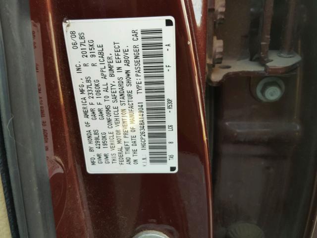 1HGCP26348A149041 - 2008 HONDA ACCORD LX MAROON photo 10