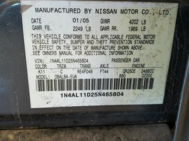 1N4AL11D25N465804 - 2005 NISSAN ALTIMA S GRAY photo 10