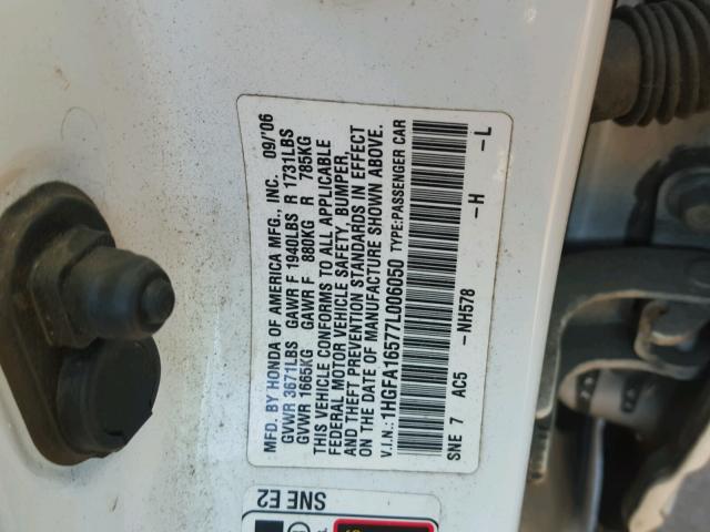 1HGFA16577L006050 - 2007 HONDA CIVIC LX WHITE photo 10