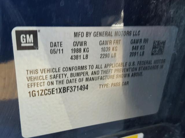 1G1ZC5E1XBF371494 - 2011 CHEVROLET MALIBU 1LT 蓝色 照片 10