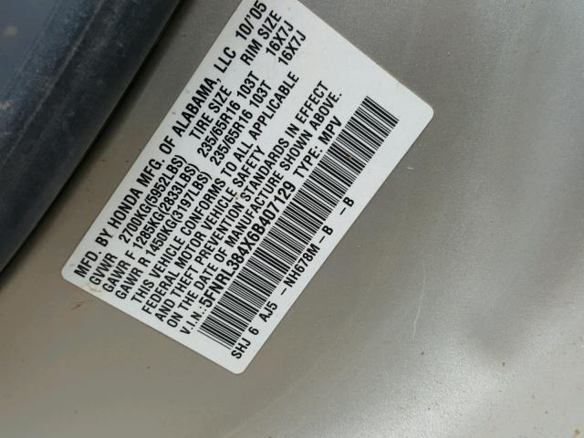 5FNRL384X6B407129 - 2006 HONDA ODYSSEY EX SILVER photo 10