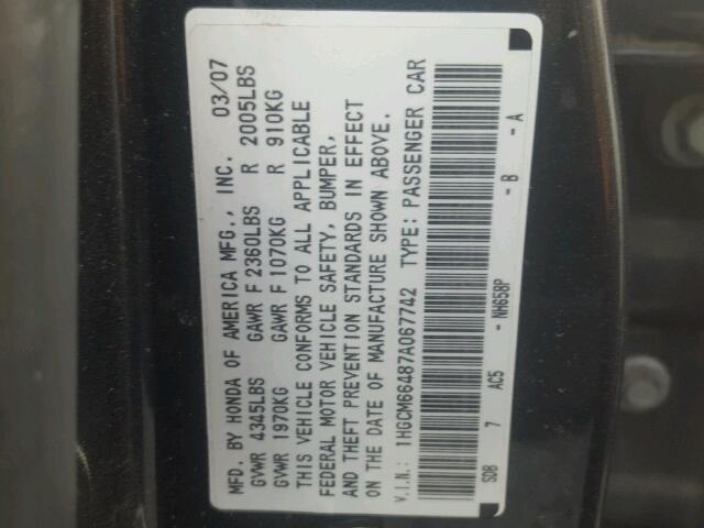 1HGCM66487A067742 - 2007 HONDA ACCORD SE GRAY photo 10