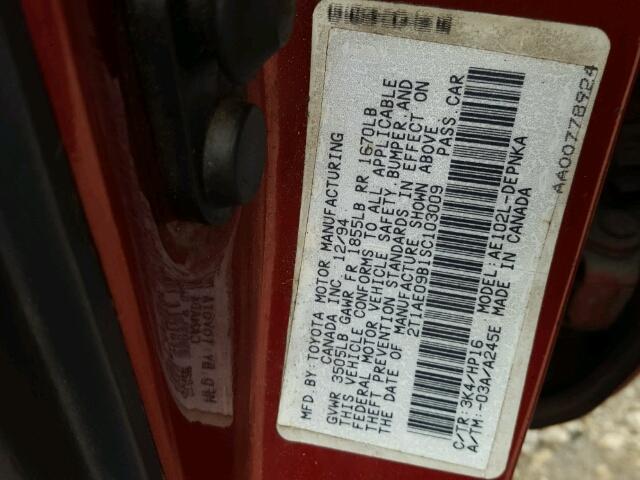 2T1AE09B1SC103009 - 1995 TOYOTA COROLLA LE RED photo 10