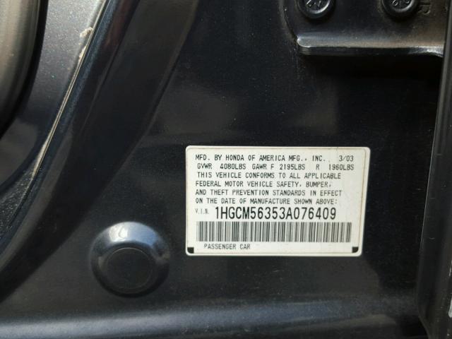 1HGCM56353A076409 - 2003 HONDA ACCORD LX GRAY photo 10