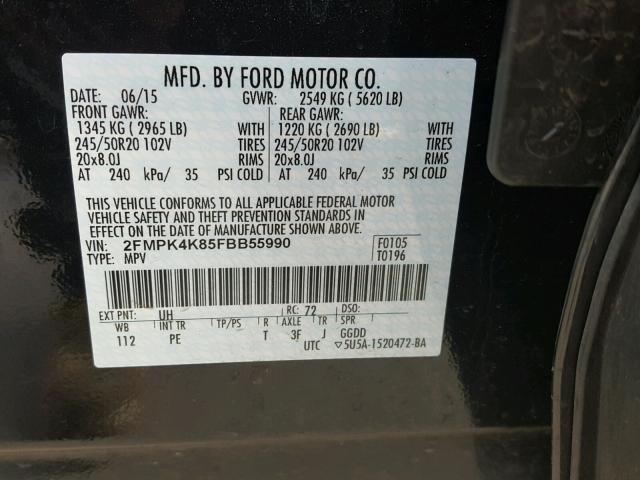 2FMPK4K85FBB55990 - 2015 FORD EDGE TITAN BLACK photo 10