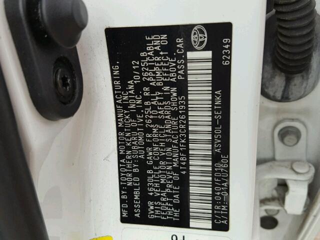 4T4BF1FK3CR261935 - 2012 TOYOTA CAMRY BASE WHITE photo 10