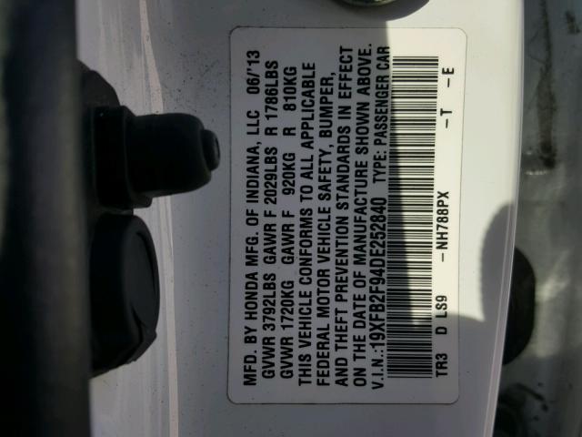 19XFB2F94DE252840 - 2013 HONDA CIVIC EXL 白色 照片 10