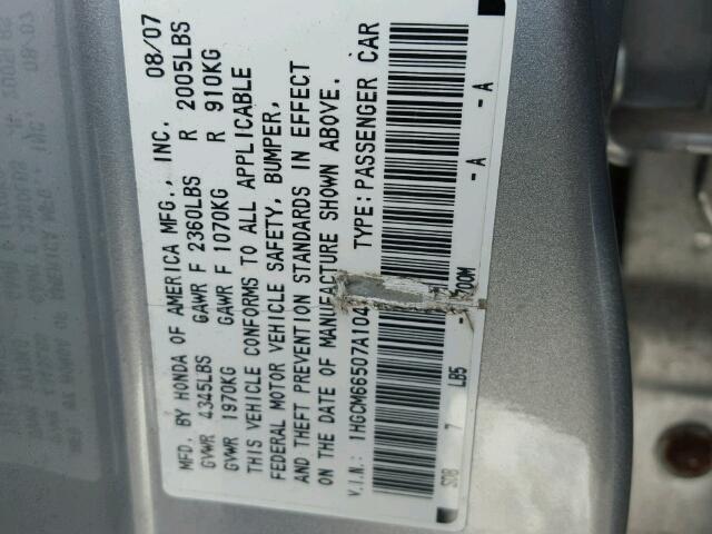 1HGCM66507A104761 - 2007 HONDA ACCORD EX SILVER photo 10