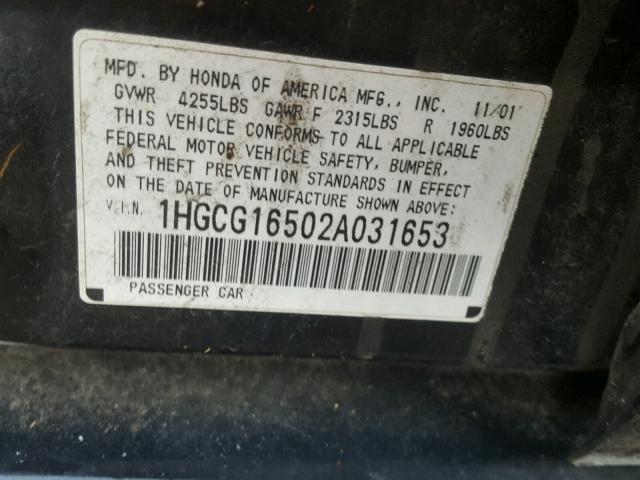 1HGCG16502A031653 - 2002 HONDA ACCORD EX BLACK photo 10