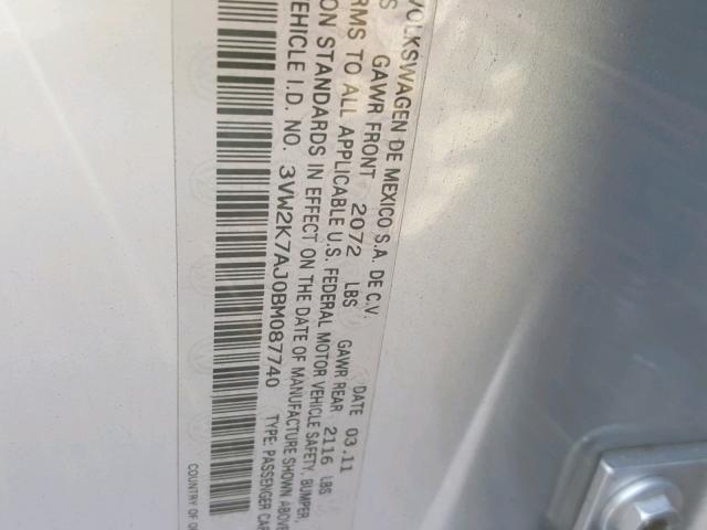 3VW2K7AJ0BM087740 - 2011 VOLKSWAGEN JETTA BASE SILVER photo 10