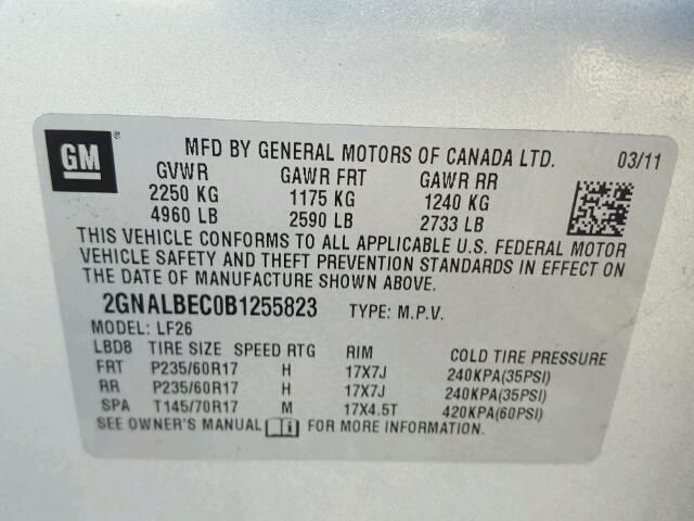 2GNALBEC0B1255823 - 2011 CHEVROLET EQUINOX LS SILVER photo 10