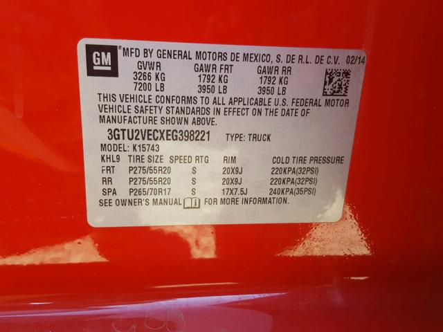 3GTU2VECXEG398221 - 2014 GMC SIERRA K15 RED photo 10