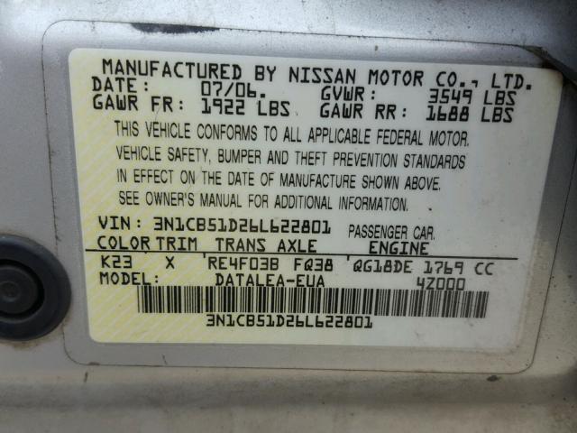 3N1CB51D26L622801 - 2006 NISSAN SENTRA 1.8 SILVER photo 10