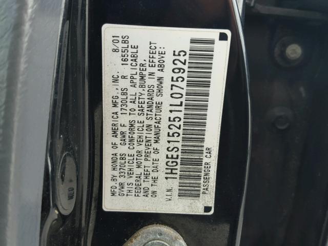 1HGES15251L075925 - 2001 HONDA CIVIC DX BLACK photo 10