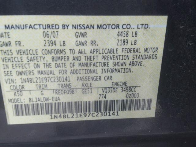 1N4BL21E97C230141 - 2007 NISSAN ALTIMA 3.5 GRAY photo 10