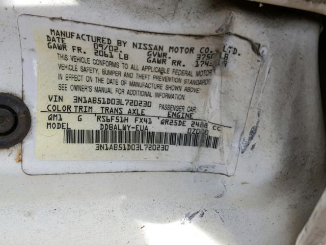 3N1AB51D03L720230 - 2003 NISSAN SENTRA SE- WHITE photo 10