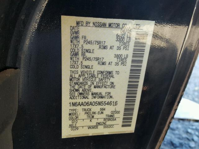 1N6AA06A05N554616 - 2005 NISSAN TITAN XE BLACK photo 10