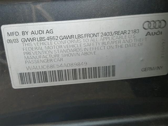 WAUJC68E54A089849 - 2004 AUDI A4 1.8T CHARCOAL photo 10