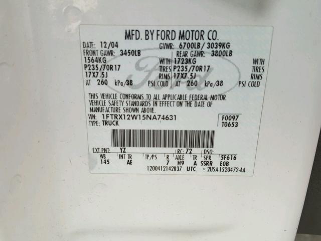 1FTRX12W15NA74631 - 2005 FORD F150 Белый фото 10