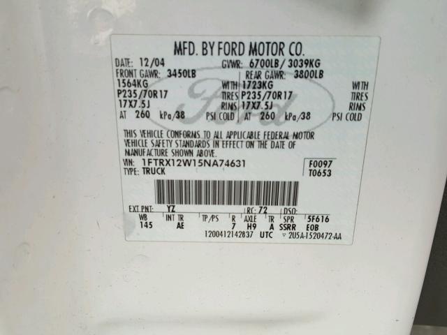 1FTRX12W15NA74631 - 2005 FORD F150 WHITE photo 10