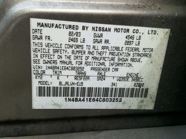 1N4BA41E64C803252 - 2004 NISSAN MAXIMA SE BROWN photo 10