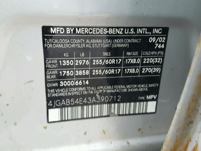 4JGAB54E43A390712 - 2003 MERCEDES-BENZ ML 320 SILVER photo 10