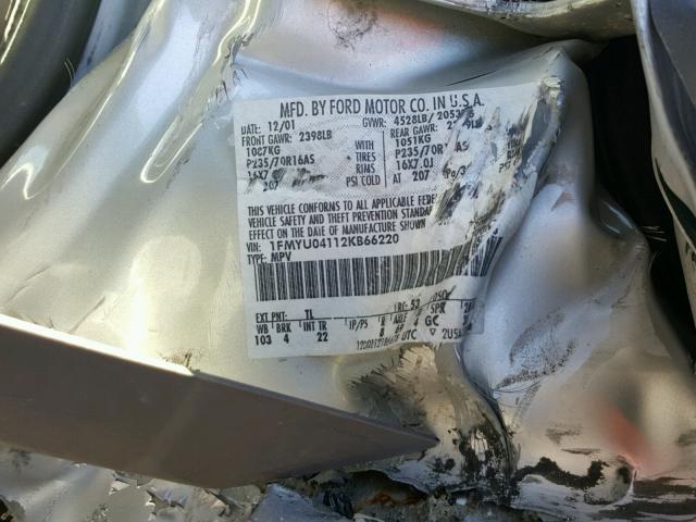 1FMYU04112KB66220 - 2002 FORD ESCAPE XLT SILVER photo 10