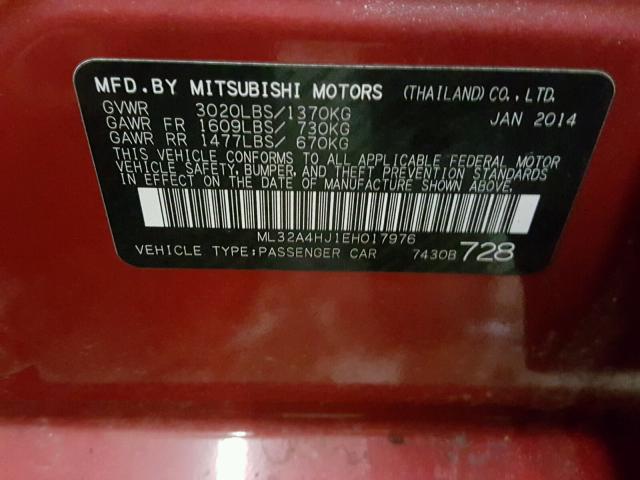 ML32A4HJ1EH017976 - 2014 MITSUBISHI MIRAGE ES RED photo 10