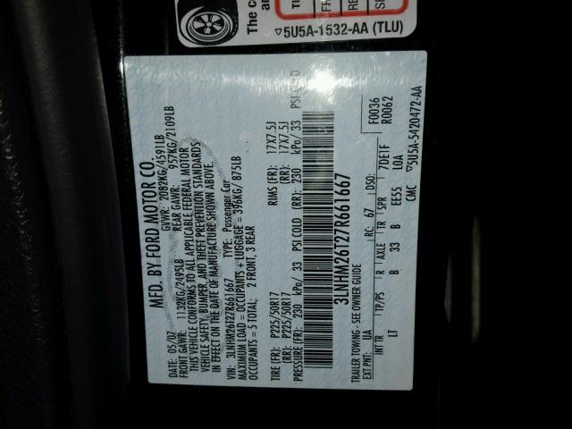 3LNHM26T27R661667 - 2007 LINCOLN MKZ BLACK photo 10