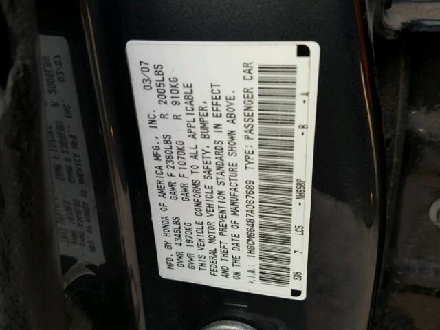 1HGCM66487A067689 - 2007 HONDA ACCORD SE GRAY photo 10