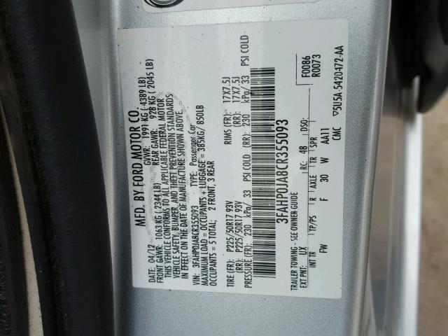 3FAHP0JA8CR355093 - 2012 FORD FUSION SEL SILVER photo 10