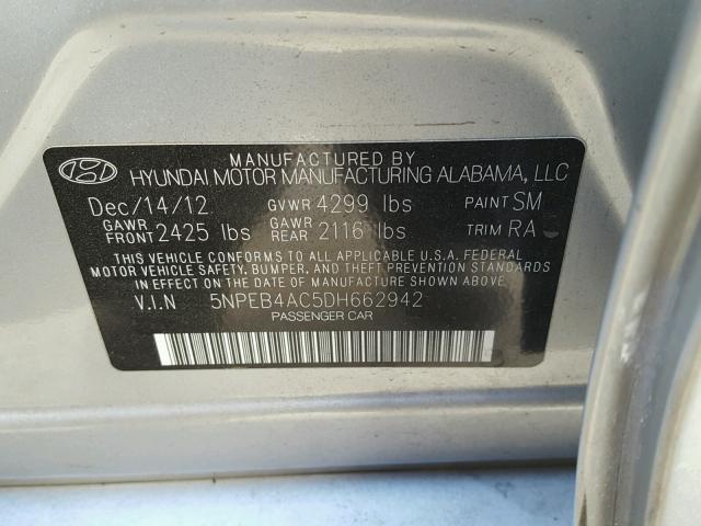 5NPEB4AC5DH662942 - 2013 HYUNDAI SONATA GLS SILVER photo 10