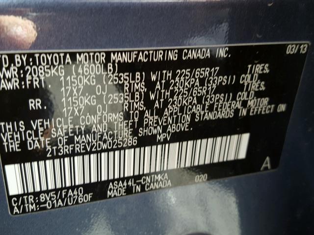 2T3RFREV2DW025286 - 2013 TOYOTA RAV4 XLE BLUE photo 10