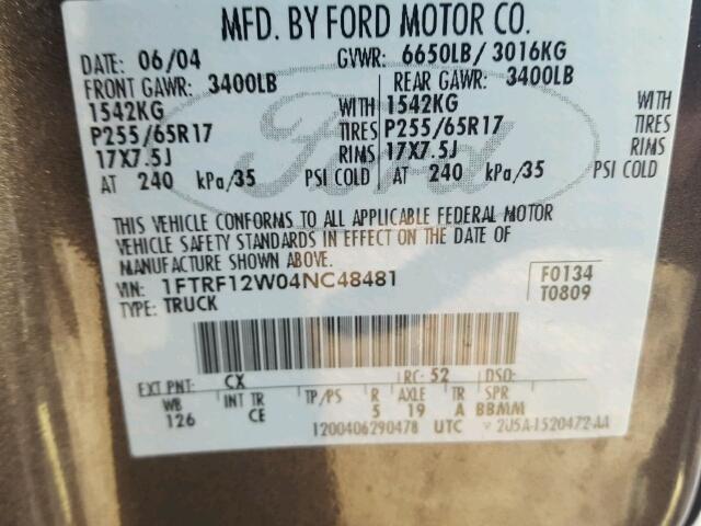 1FTRF12W04NC48481 - 2004 FORD F150 GRAY photo 10