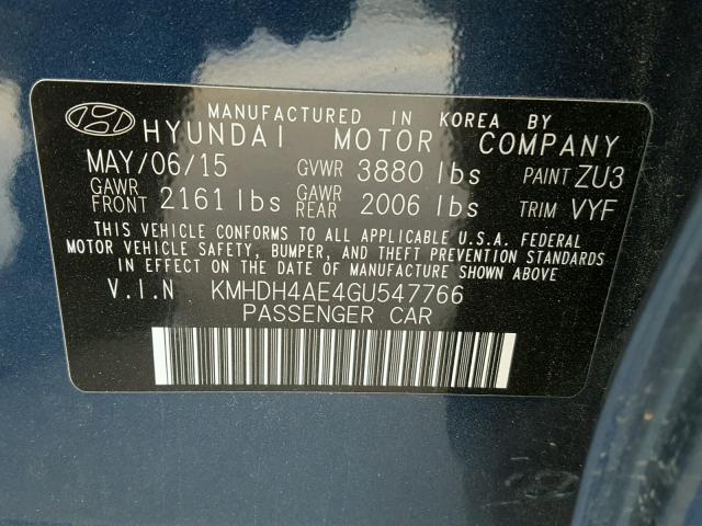 KMHDH4AE4GU547766 - 2016 HYUNDAI ELANTRA SE BLUE photo 10