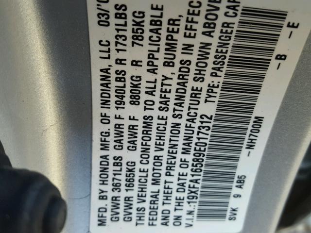 19XFA16589E017312 - 2009 HONDA CIVIC LX SILVER photo 10