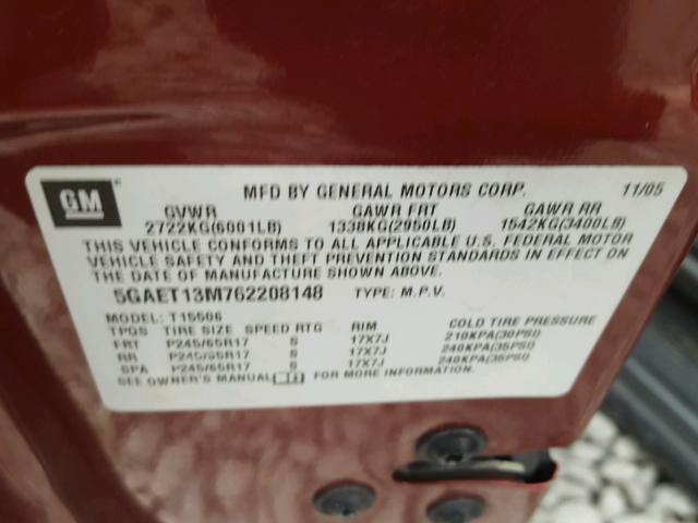 5GAET13M762208148 - 2006 BUICK RAINIER CX RED photo 10