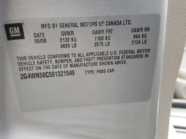 2G4WN58C581321549 - 2008 BUICK LACROSSE S SILVER photo 10