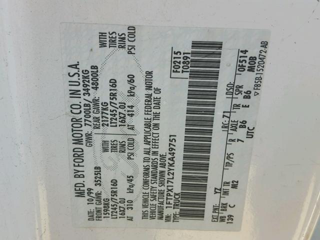 1FTPX17L2YKA49751 - 2000 FORD F150 Ақ фото 10