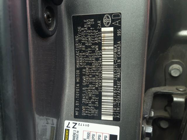 2T1KR32E26C584795 - 2006 TOYOTA COROLLA MA GRAY photo 10