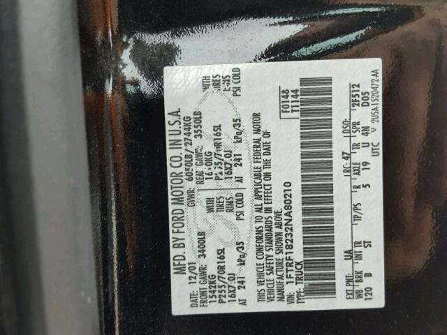 1FTRF18232NA80210 - 2002 FORD F150 BLACK photo 10