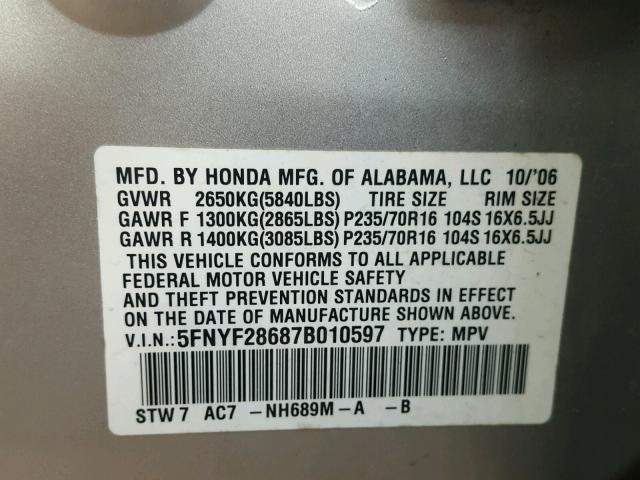 5FNYF28687B010597 - 2007 HONDA PILOT EXL SILVER photo 10