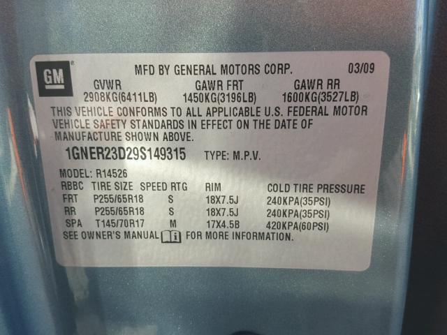 1GNER23D29S149315 - 2009 CHEVROLET TRAVERSE L TEAL photo 10