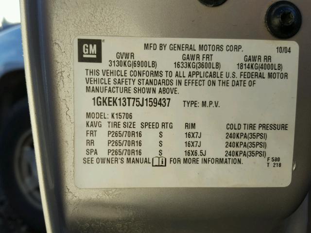 1GKEK13T75J159437 - 2005 GMC YUKON ოქროსფერი ფოტო 10
