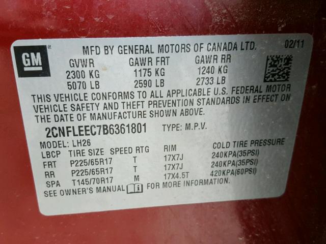 2CNFLEEC7B6361801 - 2011 CHEVROLET EQUINOX LT RED photo 10